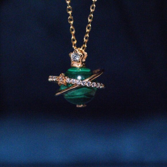 Malachite Saturn Necklace Vivienne Westwood Style 3D Charm Green Crystal Pendant